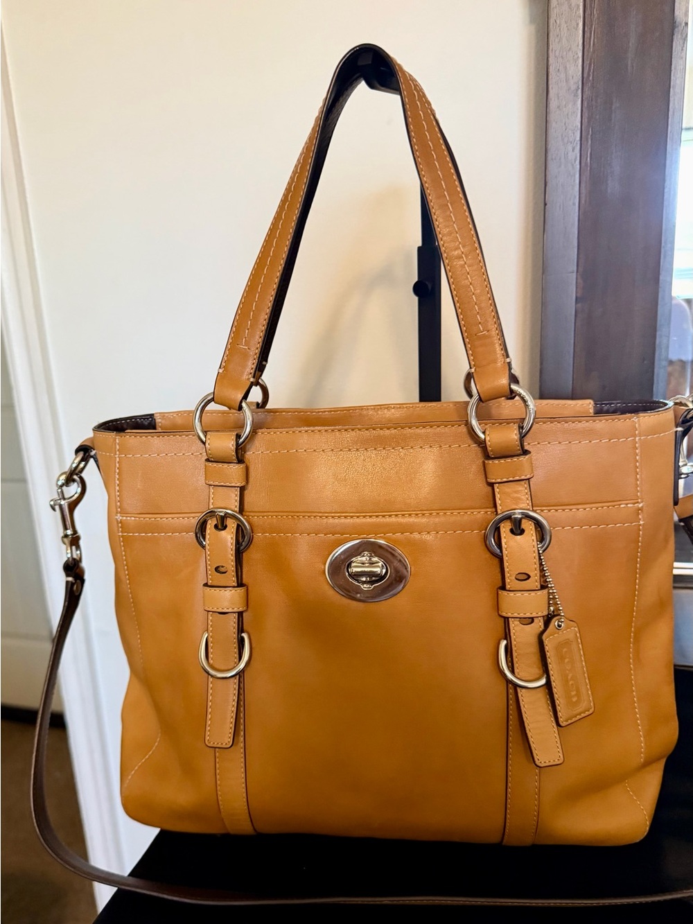 Coach Caramel Tan Leather Tote with Turnlock Detail